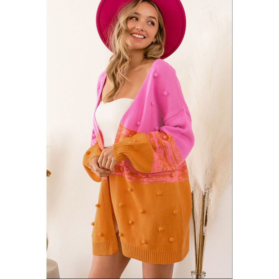 Pompom Color Block Open Front Cardigan Apparel and Accessories