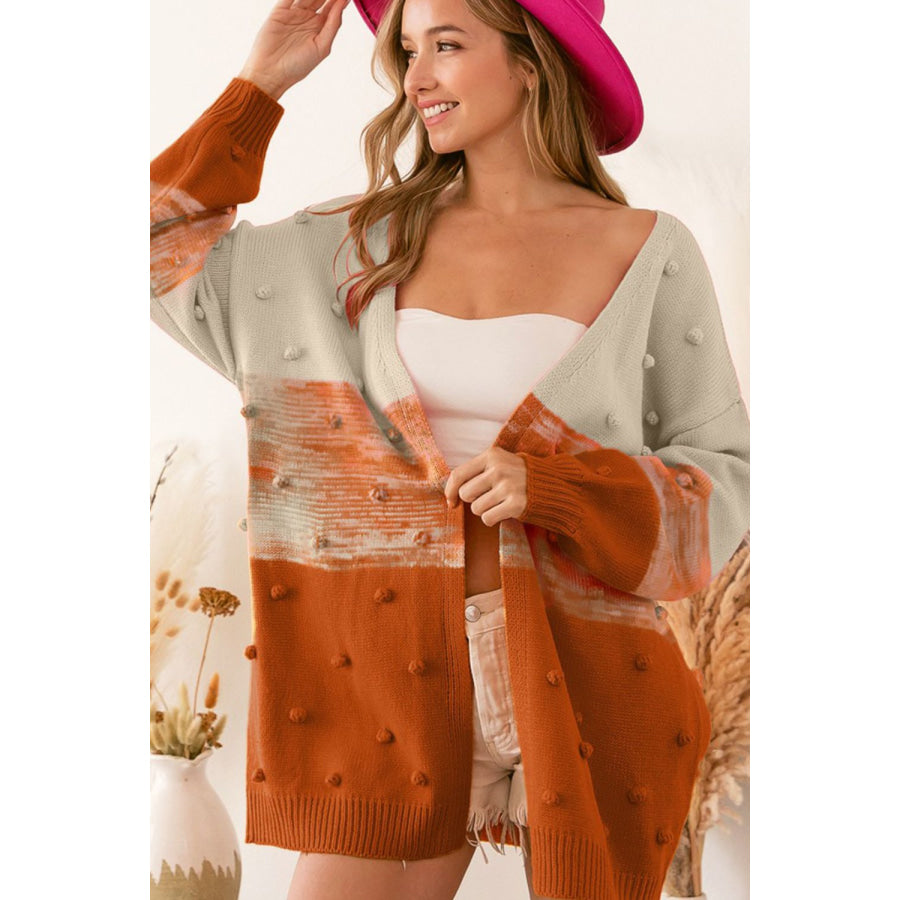 Pompom Color Block Open Front Cardigan Apparel and Accessories