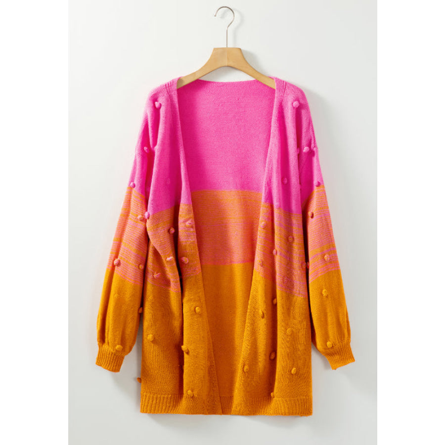 Pompom Color Block Open Front Cardigan Apparel and Accessories