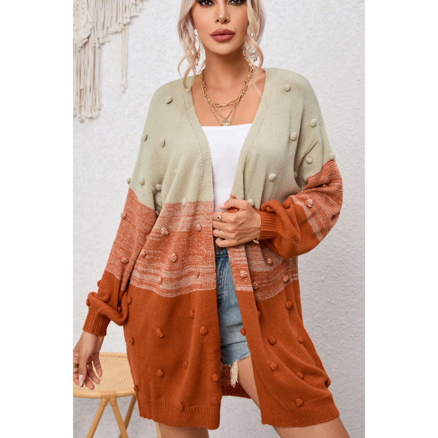 Pompom Color Block Open Front Cardigan Apparel and Accessories