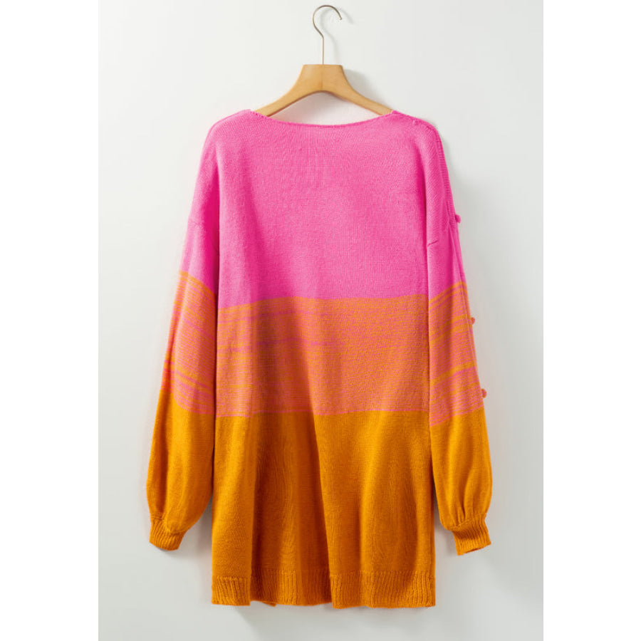 Pompom Color Block Open Front Cardigan Apparel and Accessories
