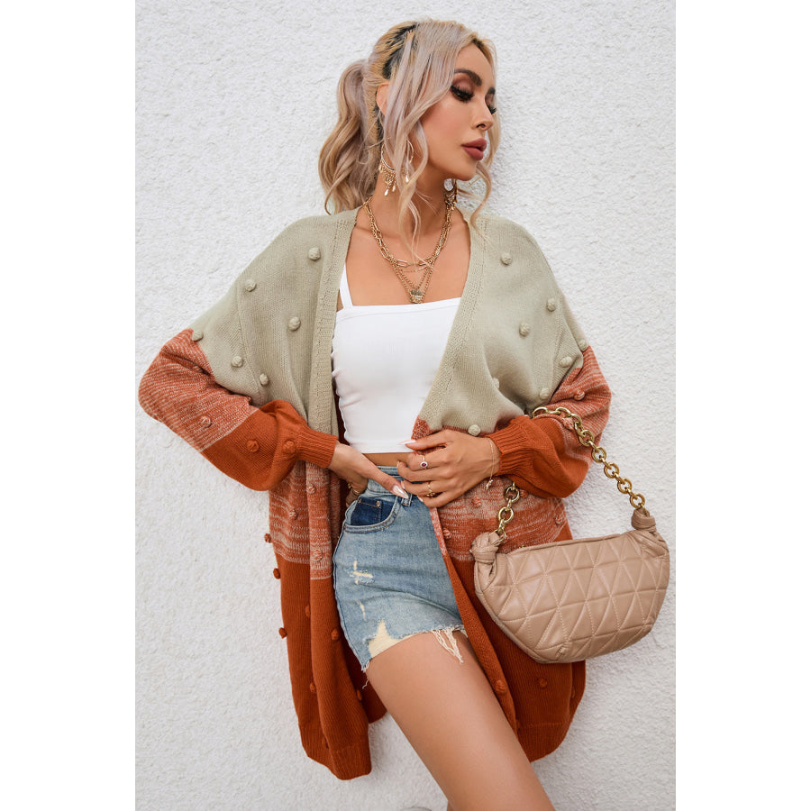 Pompom Color Block Open Front Cardigan Apparel and Accessories