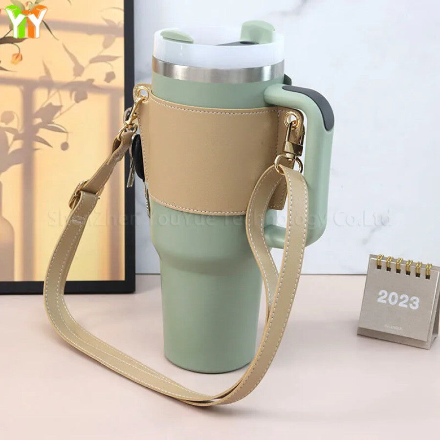 Preorder - Adjustable Leather Strap Bottle / Tumbler Carrier 40oz &amp; 30oz - 3 Weeks ETA Beige / 201-300ml Tumbler Carrier