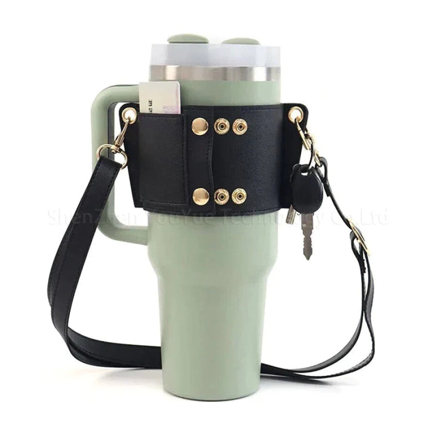 Preorder - Adjustable Leather Strap Bottle / Tumbler Carrier 40oz &amp; 30oz - 3 Weeks ETA Black / 201-300ml Tumbler Carrier