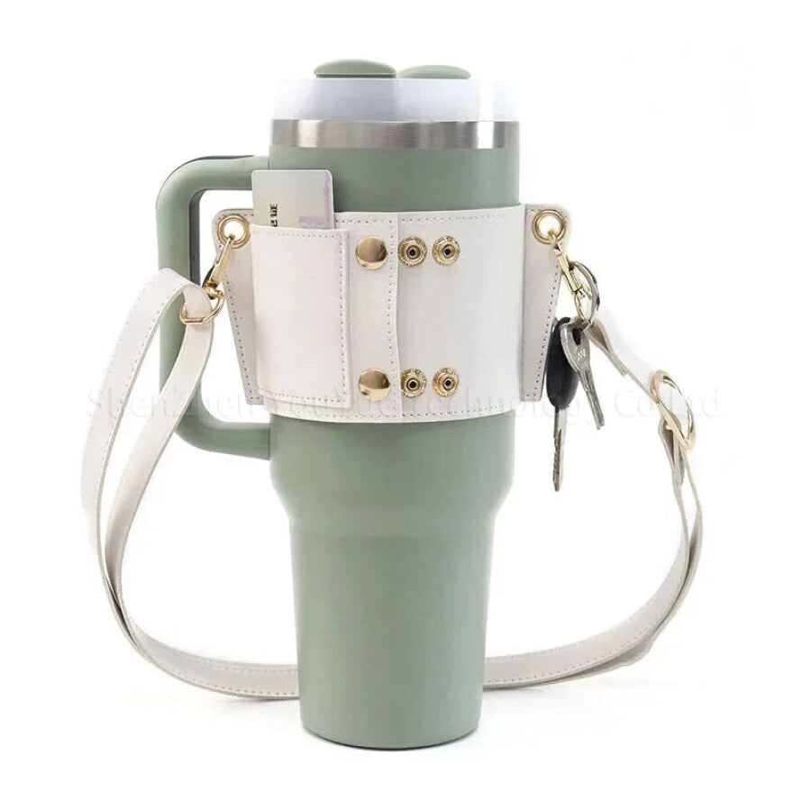 Preorder - Adjustable Leather Strap Bottle / Tumbler Carrier 40oz &amp; 30oz - 3 Weeks ETA White / 201-300ml Tumbler Carrier