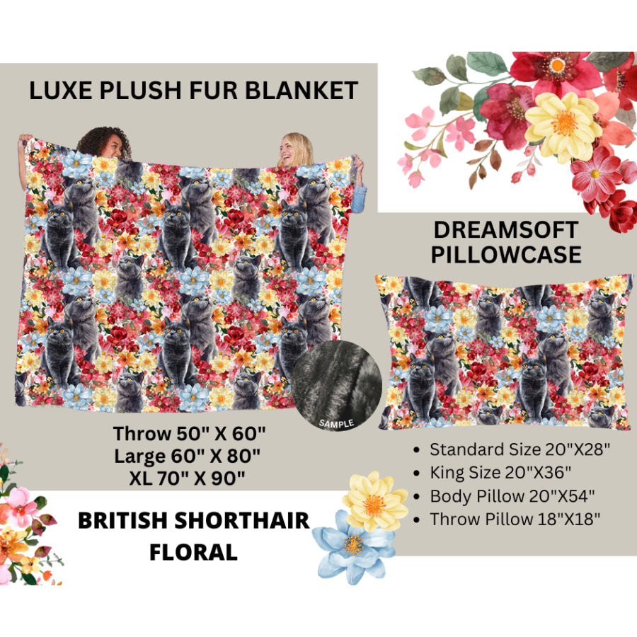 Preorder Custom Blankets / Pillowcases - British Shorthair Floral - Closes 24 Feb - ETA early Jun 2025 Sheets &amp; Pillowcases