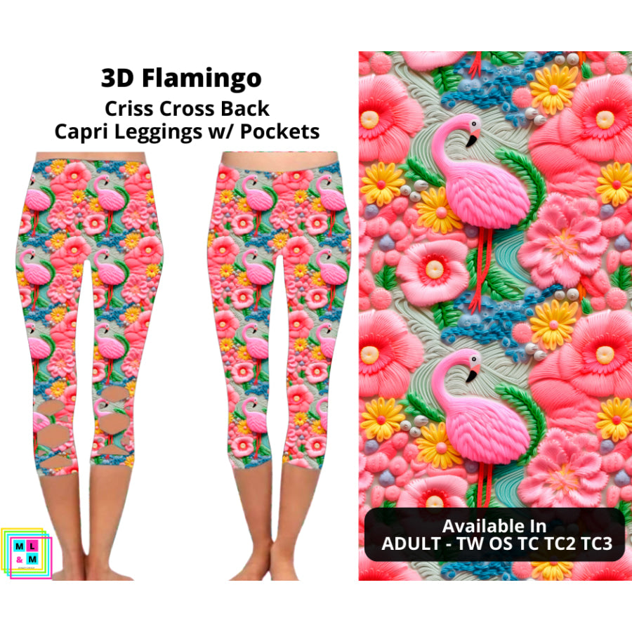 Preorder Custom Buttery Soft Criss Cross Capri Leggings with Pockets - 3D Flamingo - Closes 6 May - ETA late Aug 2024 Leggings