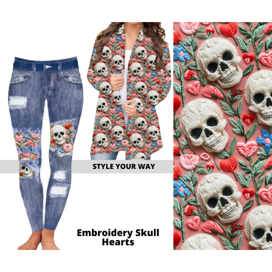 Preorder Custom Cardigans / Faux Denim Leggings - Embroidery Skull Hearts - Closes 20 Nov - ETA early Feb 2025 Cardigan