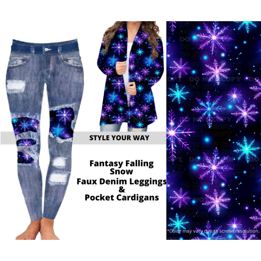 Preorder Custom Cardigans / Faux Denim Leggings - Fantasy Falling Snow - Closes 10 Oct - ETA late Dec 2024 Cardigan