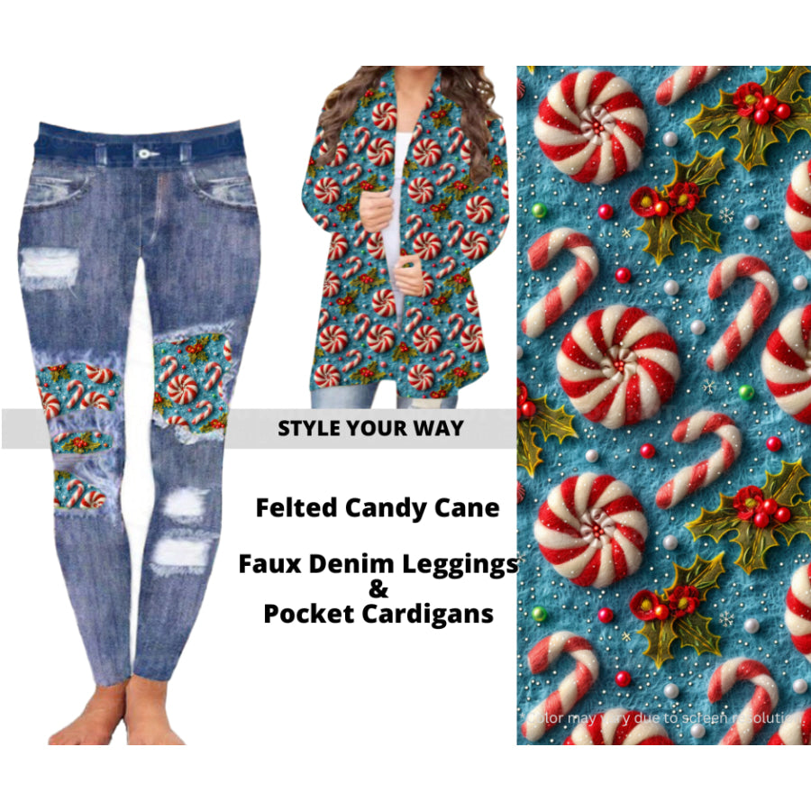 Preorder Custom Cardigans / Faux Denim Leggings - Felted Candy Cane - Closes 10 Oct - ETA late Dec 2024 Cardigan