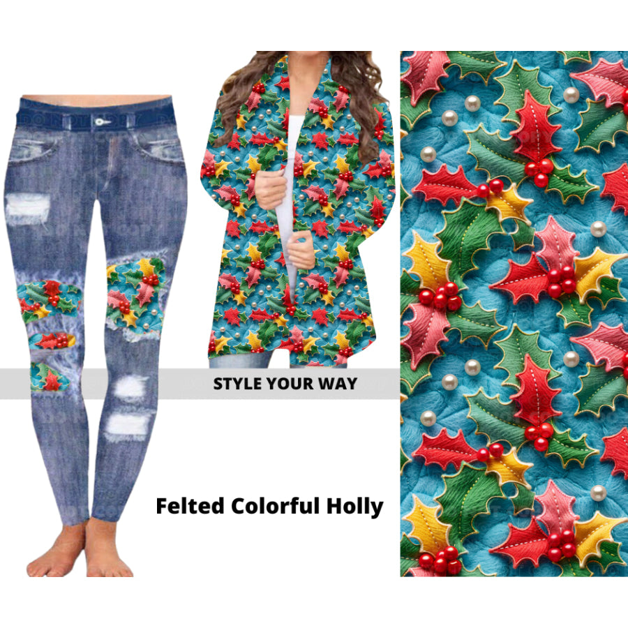 Preorder Custom Cardigans / Faux Denim Leggings - Felted Colourful Holly - Closes 19 Sep - ETA mid Dec 2024 Cardigan