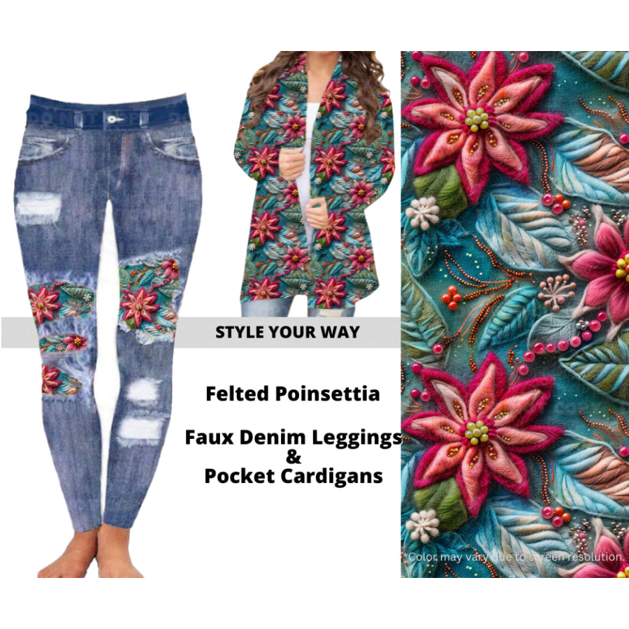 Preorder Custom Cardigans / Faux Denim Leggings - Felted Poinsettia - Closes 10 Oct - ETA late Dec 2024 Cardigan