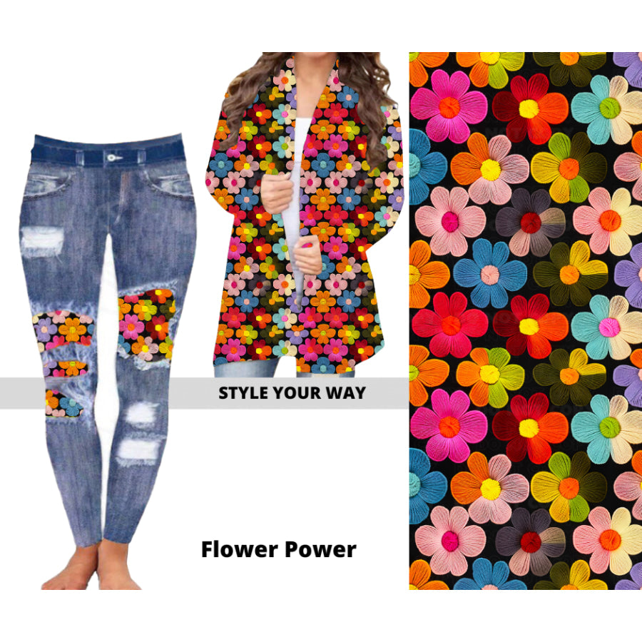 Preorder Custom Cardigans / Faux Denim Leggings - Flower Power - Closes 20 Nov - ETA early Feb 2025 Cardigan