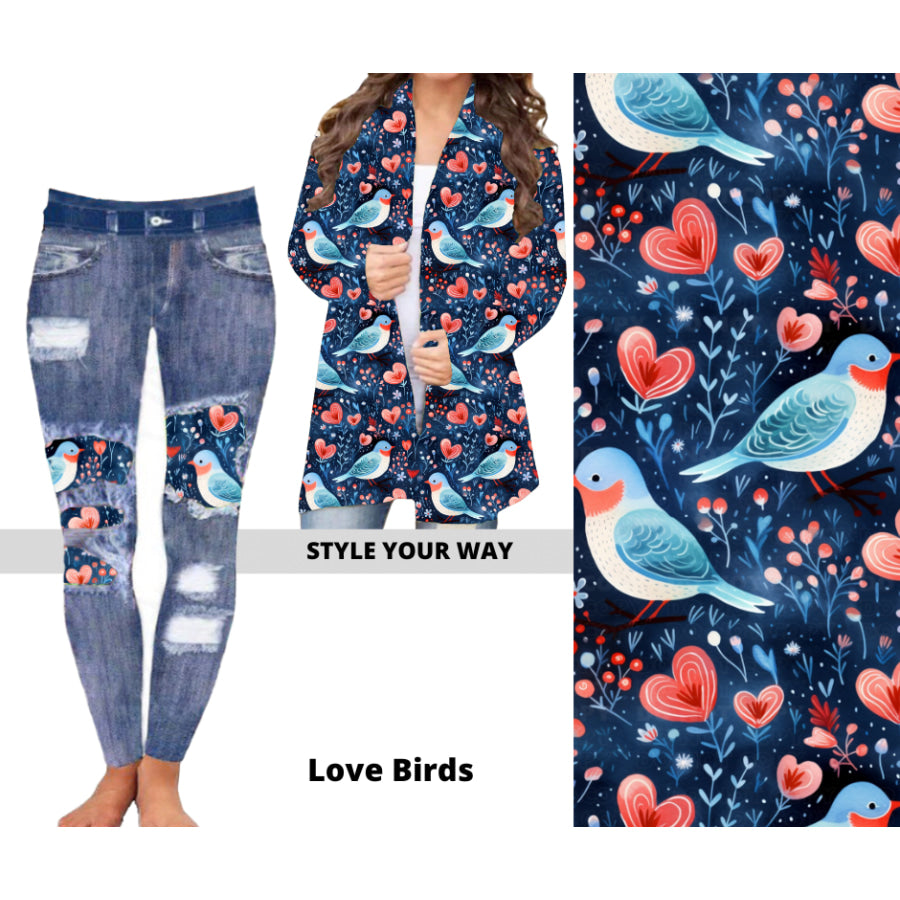 Preorder Custom Cardigans / Faux Denim Leggings - Love Birds - Closes 20 Nov - ETA early Feb 2025 Cardigan