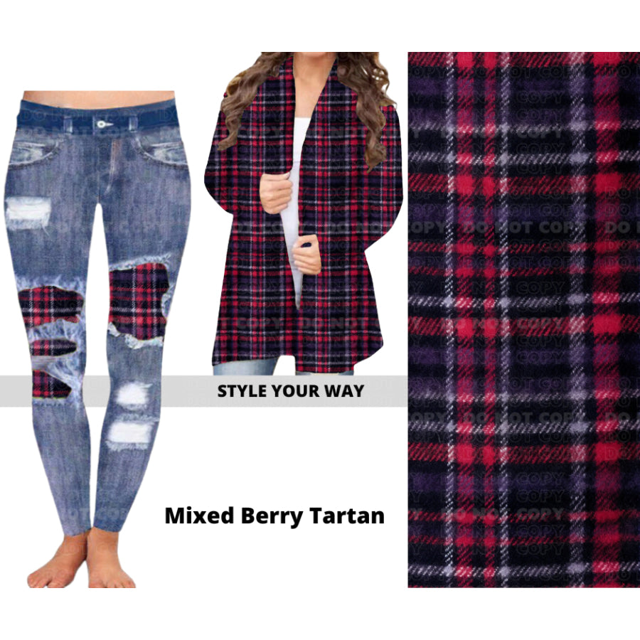 Preorder Custom Cardigans / Faux Denim Leggings - Mixed Berry Tartan - Closes 19 Sep - ETA mid Dec 2024 Cardigan