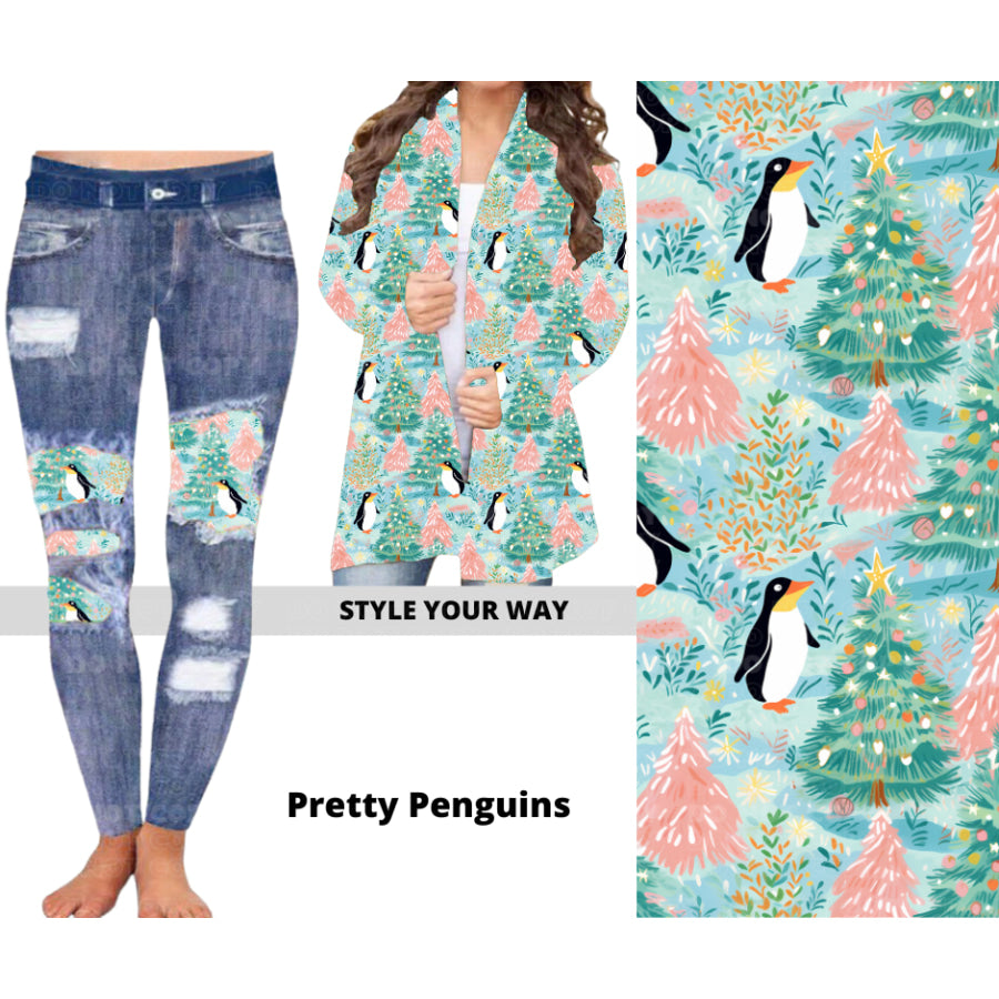 Preorder Custom Cardigans / Faux Denim Leggings - Pretty Penguins - Closes 19 Sep - ETA mid Dec 2024 Cardigan