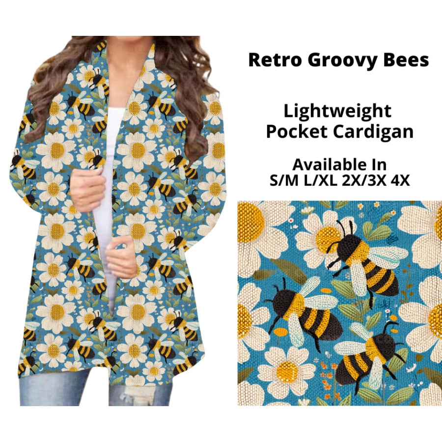 Preorder Custom Cardigans / Faux Denim Leggings - Retro Groovy Bees - Closes 20 Nov - ETA early Feb 2025 Cardigan