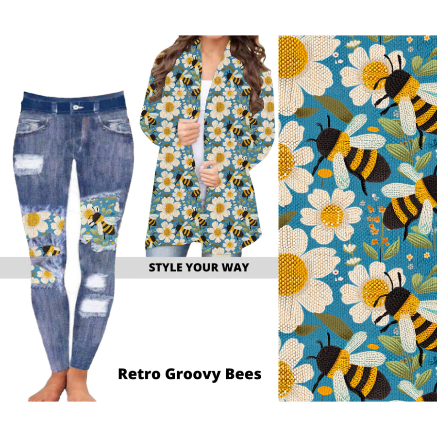 Preorder Custom Cardigans / Faux Denim Leggings - Retro Groovy Bees - Closes 20 Nov - ETA early Feb 2025 Cardigan