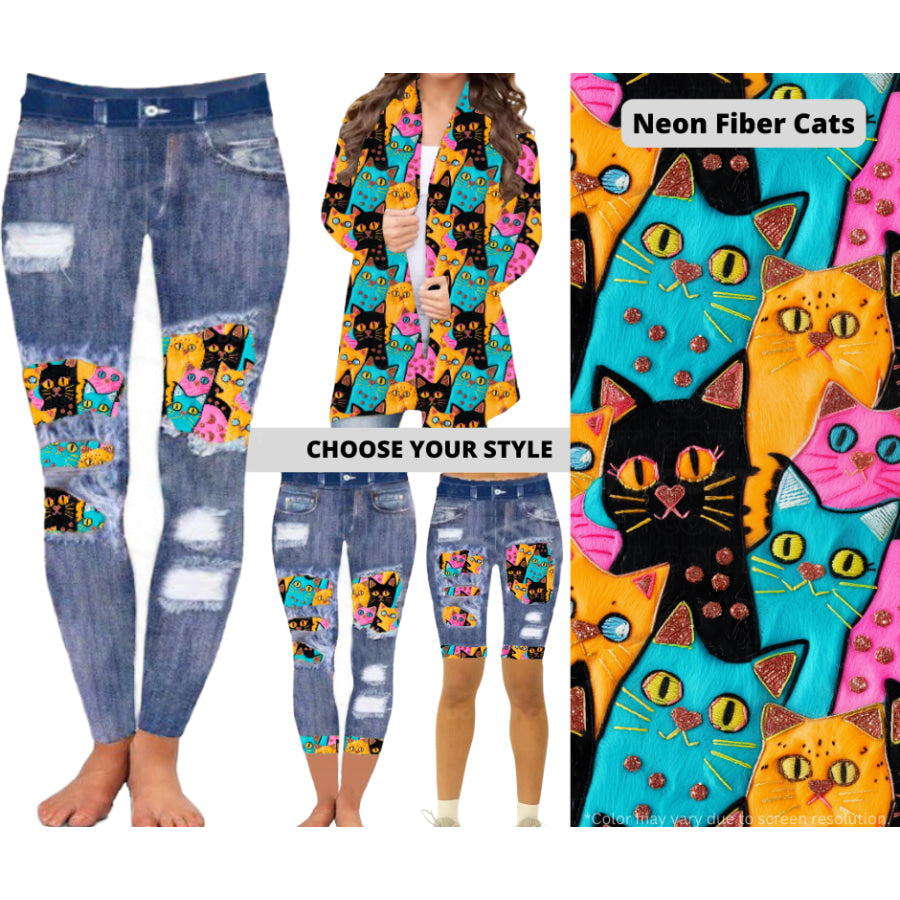 Preorder Custom Cardigans / Faux Denim Leggings / Shorts - Neon Fiber Cats - Closes 5 Mar - ETA late Jun 2025 Cardigan