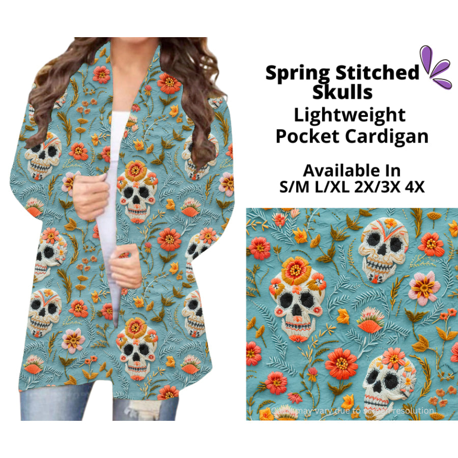 Preorder Custom Cardigans / Faux Denim Leggings / Shorts - Spring Stitched Skulls - Closes 5 Mar - ETA late Jun 2025 Cardigan