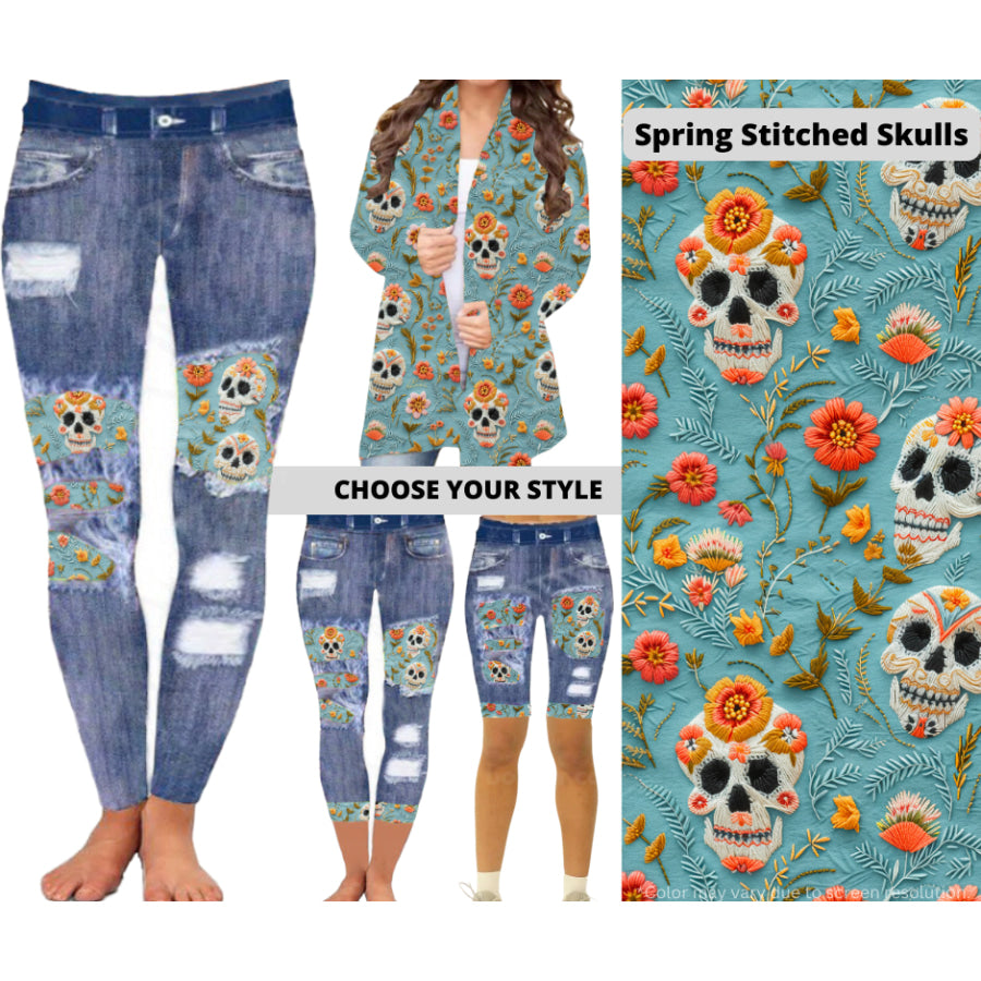 Preorder Custom Cardigans / Faux Denim Leggings / Shorts - Spring Stitched Skulls - Closes 5 Mar - ETA late Jun 2025 Cardigan