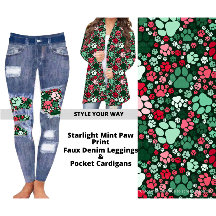 Preorder Custom Cardigans / Faux Denim Leggings - Starlight Mint Paw Print - Closes 10 Oct - ETA late Dec 2024 Cardigan