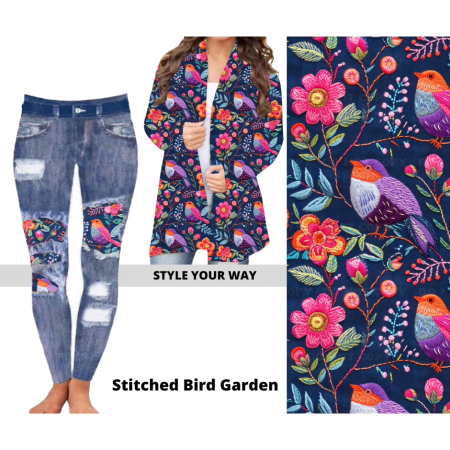 Preorder Custom Cardigans / Faux Denim Leggings - Stitched Bird Garden - Closes 20 Nov - ETA early Feb 2025 Cardigan