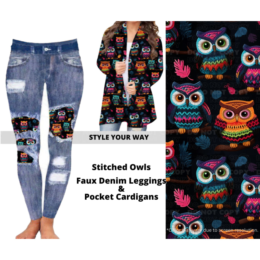 Preorder Custom Cardigans / Faux Denim Leggings - Stitched Owls - Closes 10 Oct - ETA late Dec 2024 Cardigan