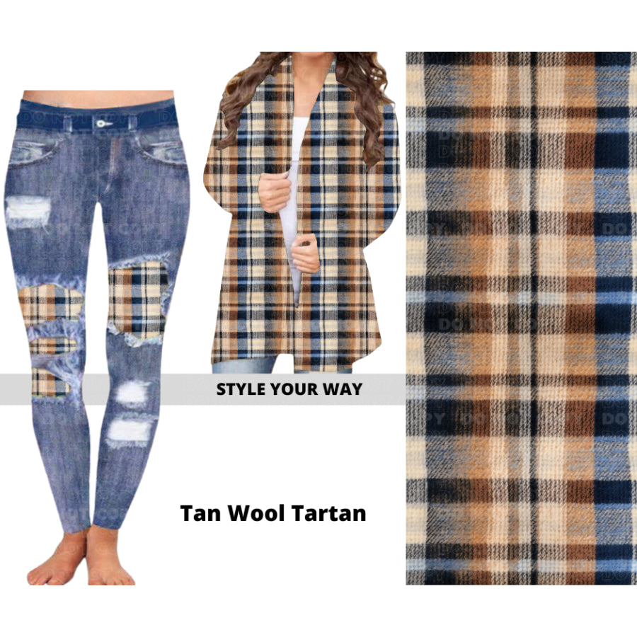 Preorder Custom Cardigans / Faux Denim Leggings - Tan Wool Tartan - Closes 19 Sep - ETA mid Dec 2024 Cardigan