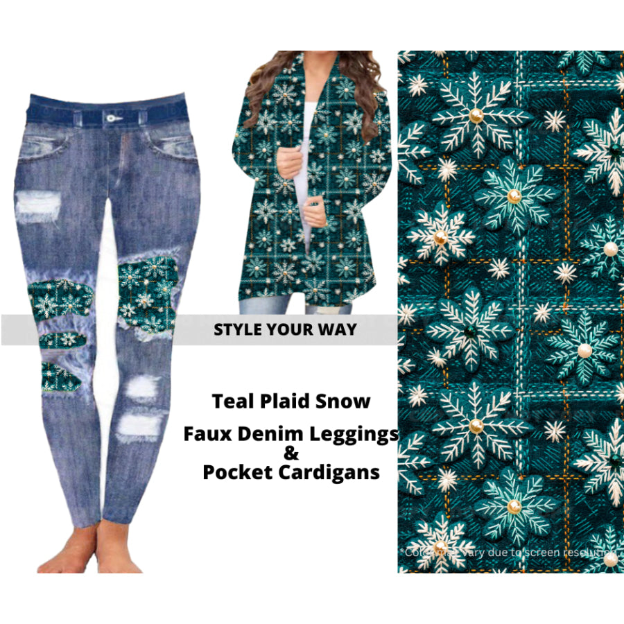 Preorder Custom Cardigans / Faux Denim Leggings - Teal Plaid Snow - Closes 10 Oct - ETA late Dec 2024 Cardigan