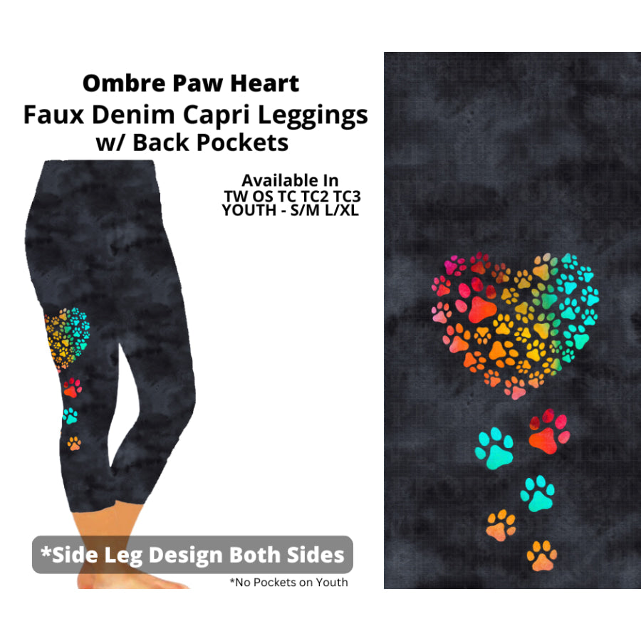 Preorder Custom Faux Denim Leggings - Ombre Paw Heart - Closes 19 Mar - ETA early Jul 2025 Leggings