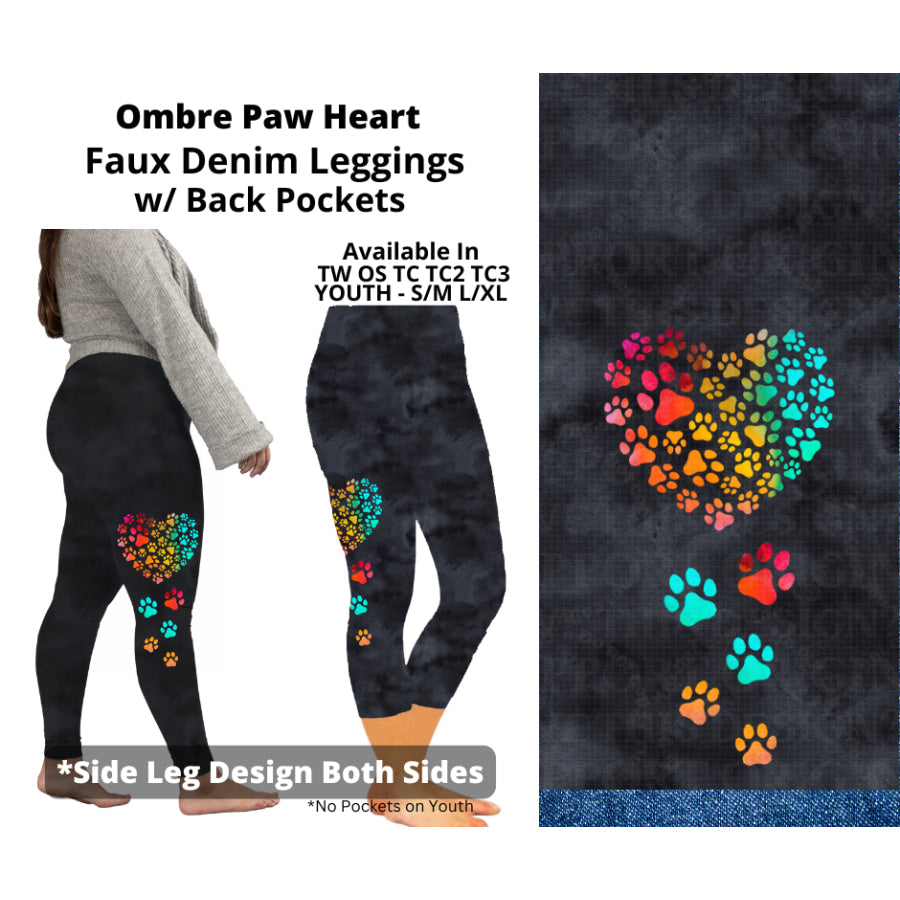 Preorder Custom Faux Denim Leggings - Ombre Paw Heart - Closes 19 Mar - ETA early Jul 2025 Leggings