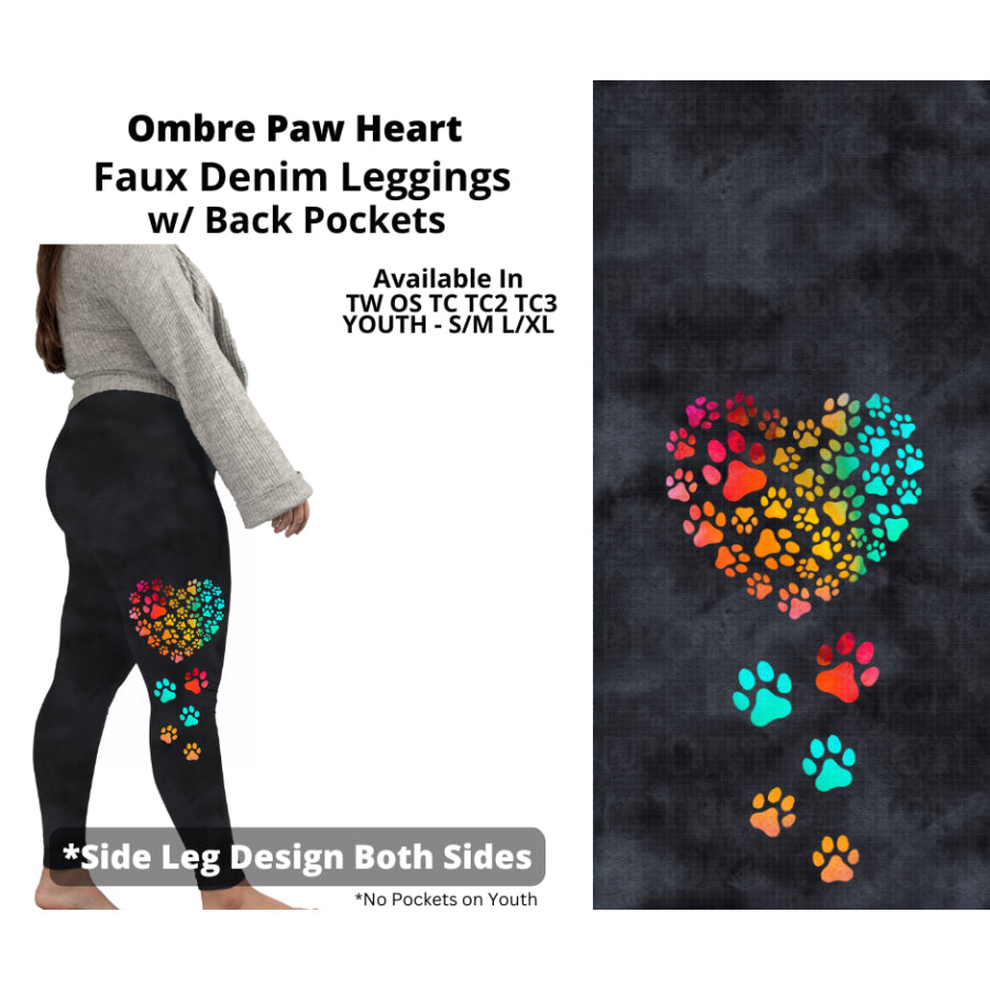 Preorder Custom Faux Denim Leggings - Ombre Paw Heart - Closes 19 Mar - ETA early Jul 2025 Leggings