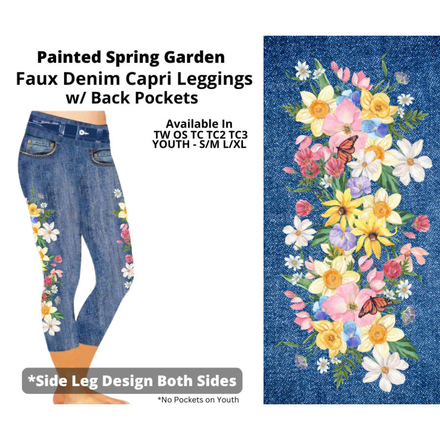 Preorder Custom Faux Denim Leggings - Painted Spring Garden - Closes 5 Feb - ETA late May 2025 Leggings