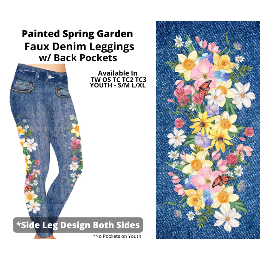 Preorder Custom Faux Denim Leggings - Painted Spring Garden - Closes 5 Feb - ETA late May 2025 Leggings