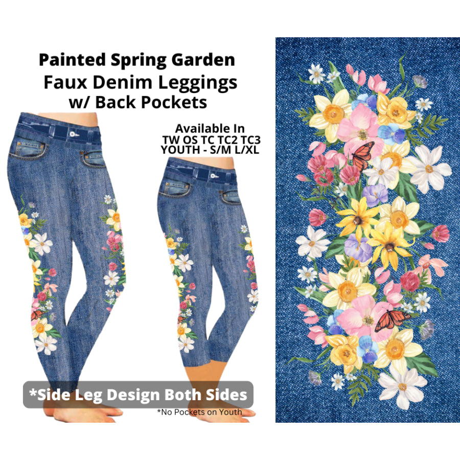 Preorder Custom Faux Denim Leggings - Painted Spring Garden - Closes 5 Feb - ETA late May 2025 Leggings