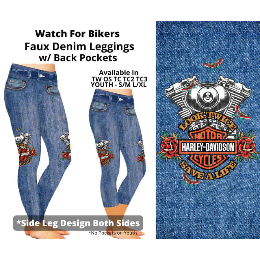 Preorder Custom Faux Denim Leggings - Watch For Bikers - Closes 19 Mar - ETA early Jul 2025 Leggings