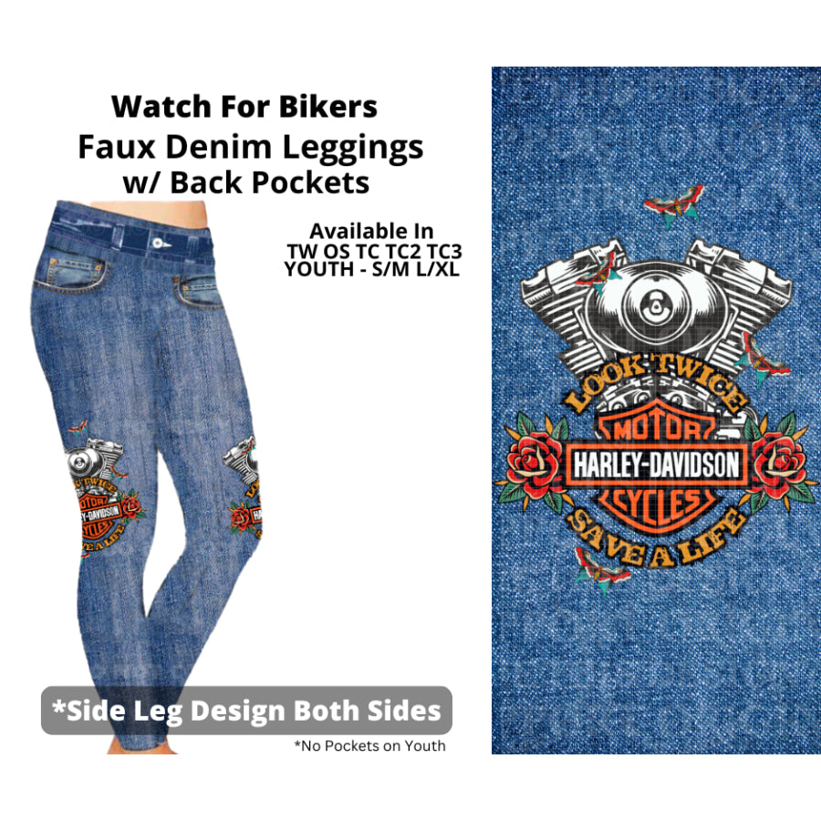 Preorder Custom Faux Denim Leggings - Watch For Bikers - Closes 19 Mar - ETA early Jul 2025 Leggings