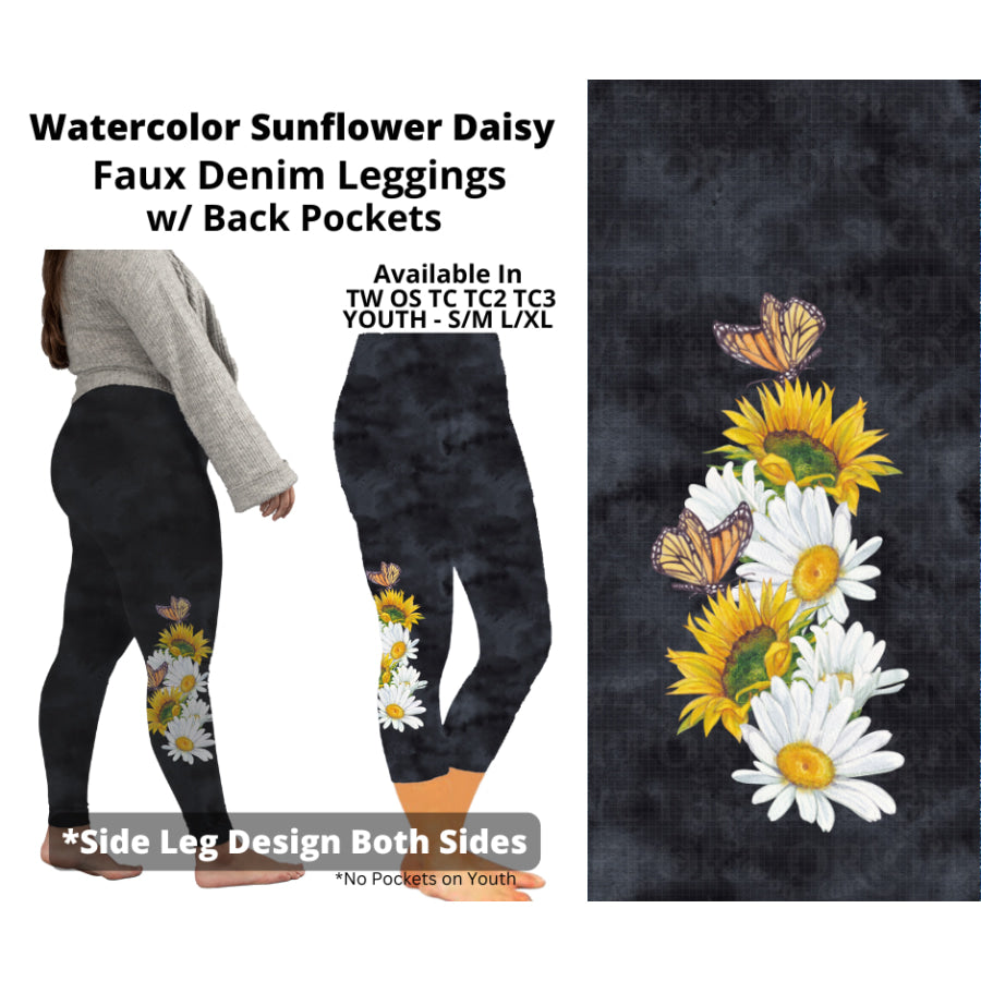 Preorder Custom Faux Denim Leggings - Watercolour Sunflower Daisy Black - Closes 19 Mar - ETA early Jul 2025 Leggings