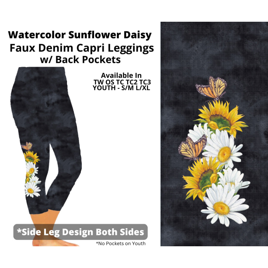 Preorder Custom Faux Denim Leggings - Watercolour Sunflower Daisy Black - Closes 19 Mar - ETA early Jul 2025 Leggings