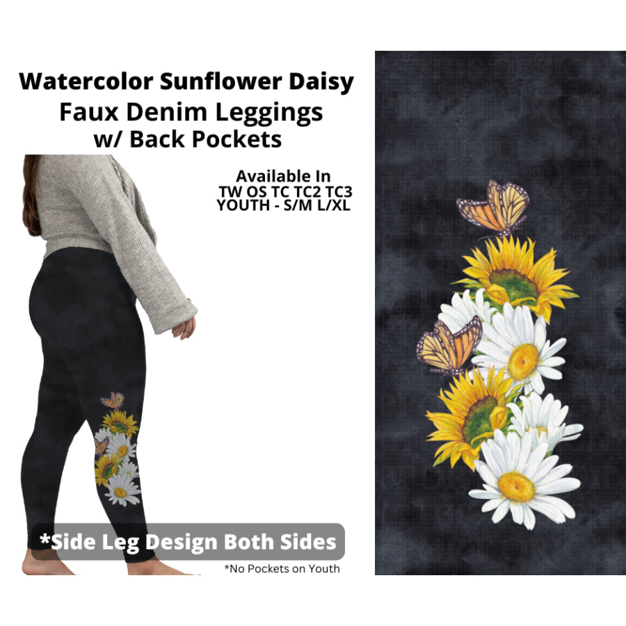 Preorder Custom Faux Denim Leggings - Watercolour Sunflower Daisy Black - Closes 19 Mar - ETA early Jul 2025 Leggings