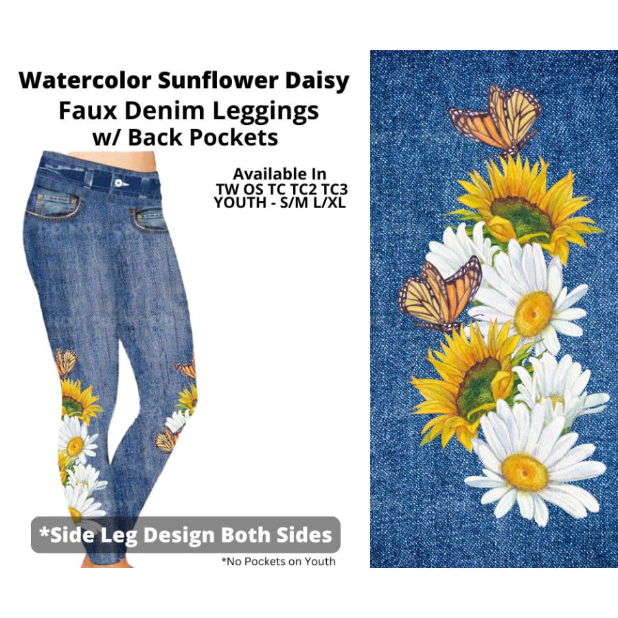 Preorder Custom Faux Denim Leggings - Watercolour Sunflower Daisy Blue - Closes 19 Mar - ETA early Jul 2025 (Copy) Leggings