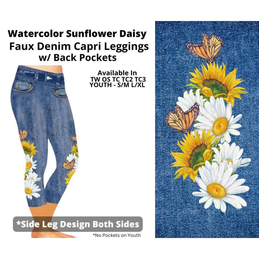 Preorder Custom Faux Denim Leggings - Watercolour Sunflower Daisy Blue - Closes 19 Mar - ETA early Jul 2025 (Copy) Leggings