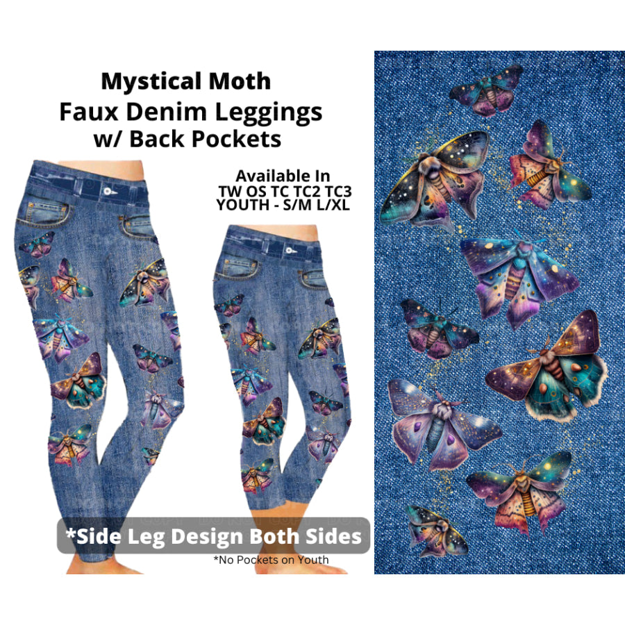PREORDER Custom Faux Denim Leggings with Pockets - Mystical Moth - Closes 24 Jun - ETA early Nov 2024 Leggings