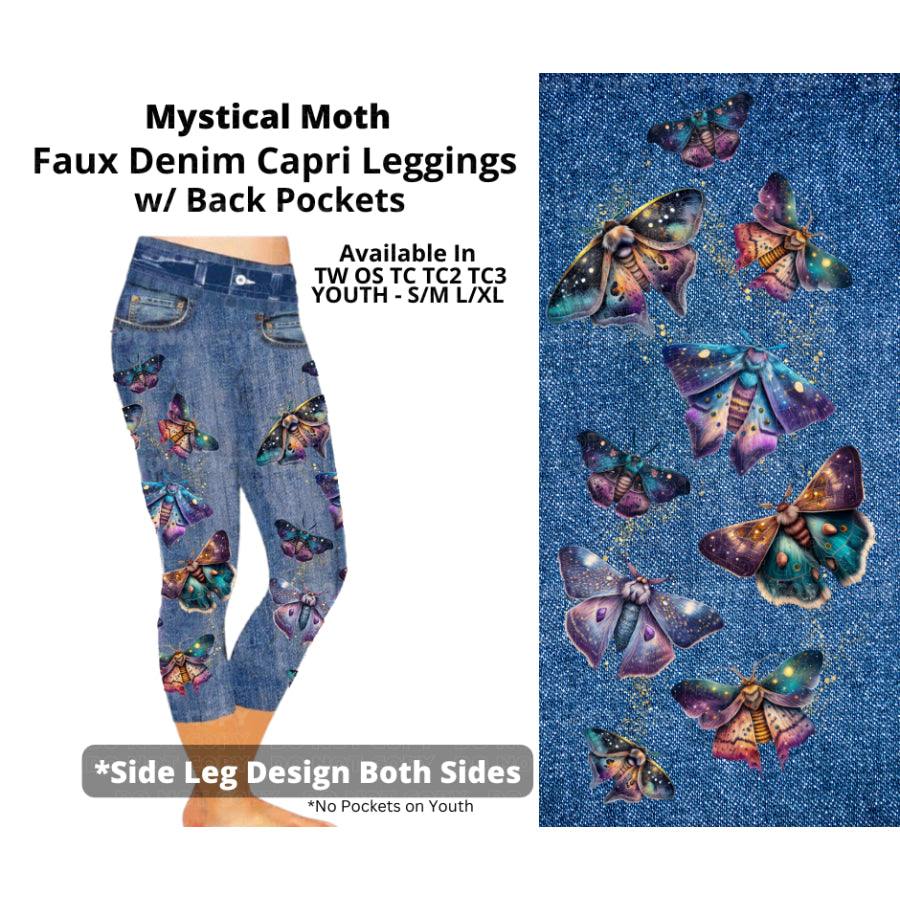 PREORDER Custom Faux Denim Leggings with Pockets - Mystical Moth - Closes 24 Jun - ETA early Nov 2024 Leggings