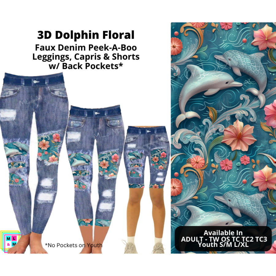 PREORDER Custom Faux Denim Peek-A-Boo Leggings / Shorts with Pockets - 3D Dolphin Floral - Closes 13 May - ETA late Aug 2024 Leggings