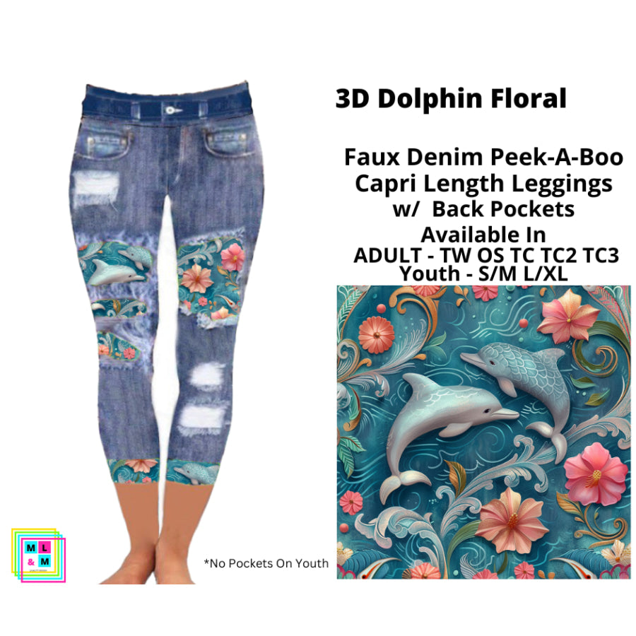 PREORDER Custom Faux Denim Peek-A-Boo Leggings / Shorts with Pockets - 3D Dolphin Floral - Closes 13 May - ETA late Aug 2024 Leggings