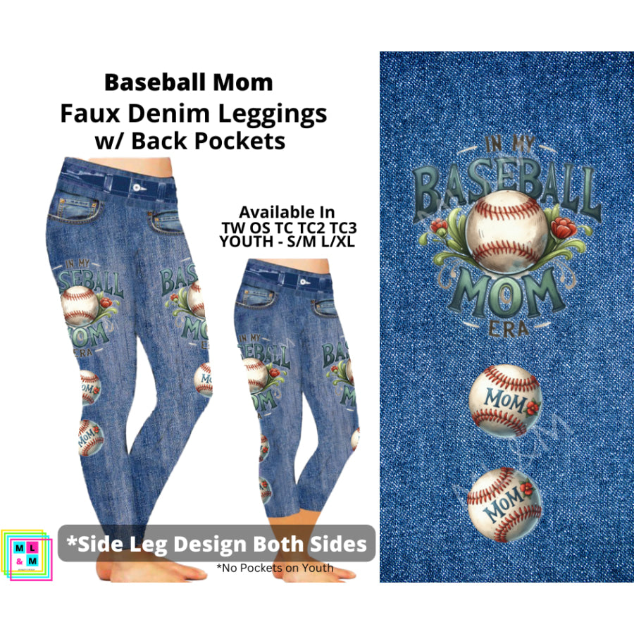 PREORDER Custom Faux Denim Peek - A - Boo Leggings with Pockets - Baseball Mom - Closes 29 Apr - ETA mid Aug 2024 Leggings