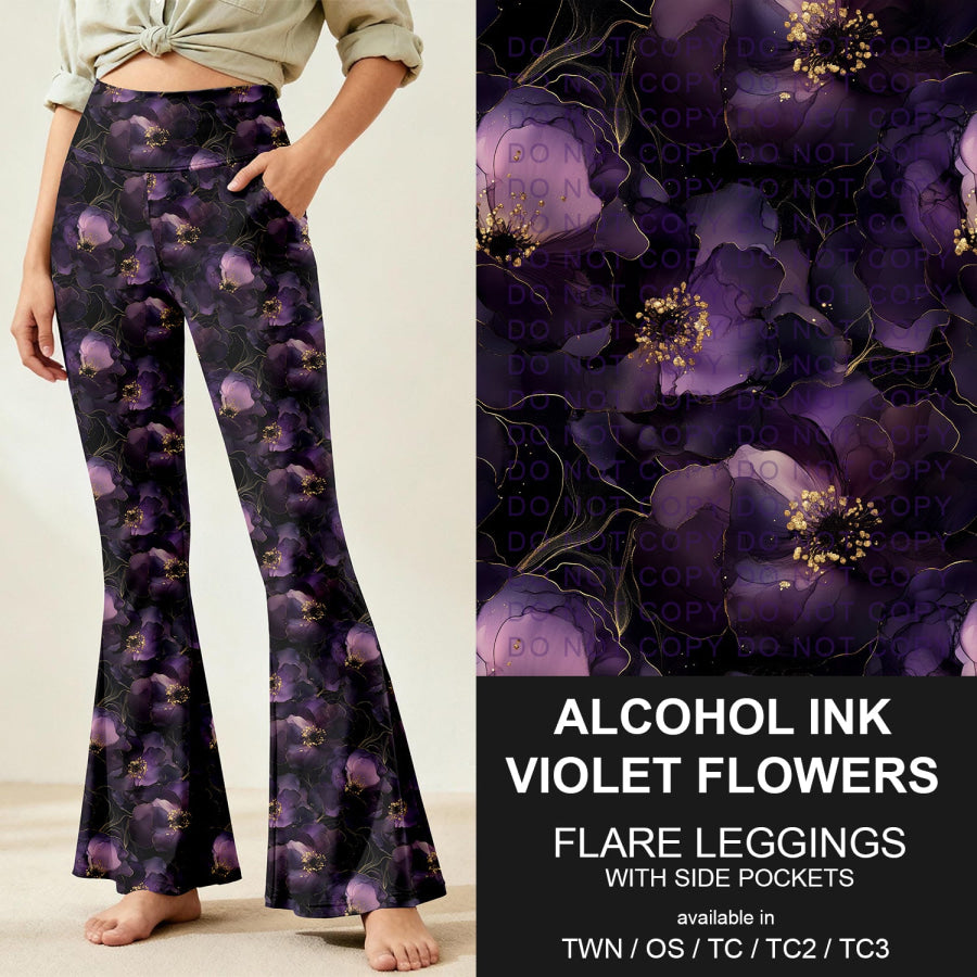 Preorder Custom Flare Leggings - Alcohol Ink Violet Flowers - Closes 9 Nov - ETA early Feb 2026 Loungewear