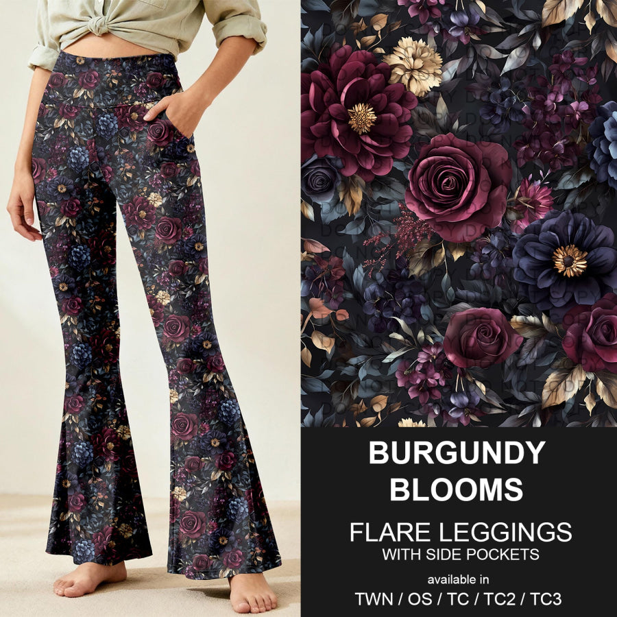 Preorder Custom Flare Leggings - Burgundy Blooms - Closes 9 Nov - ETA early Feb 2026 Loungewear
